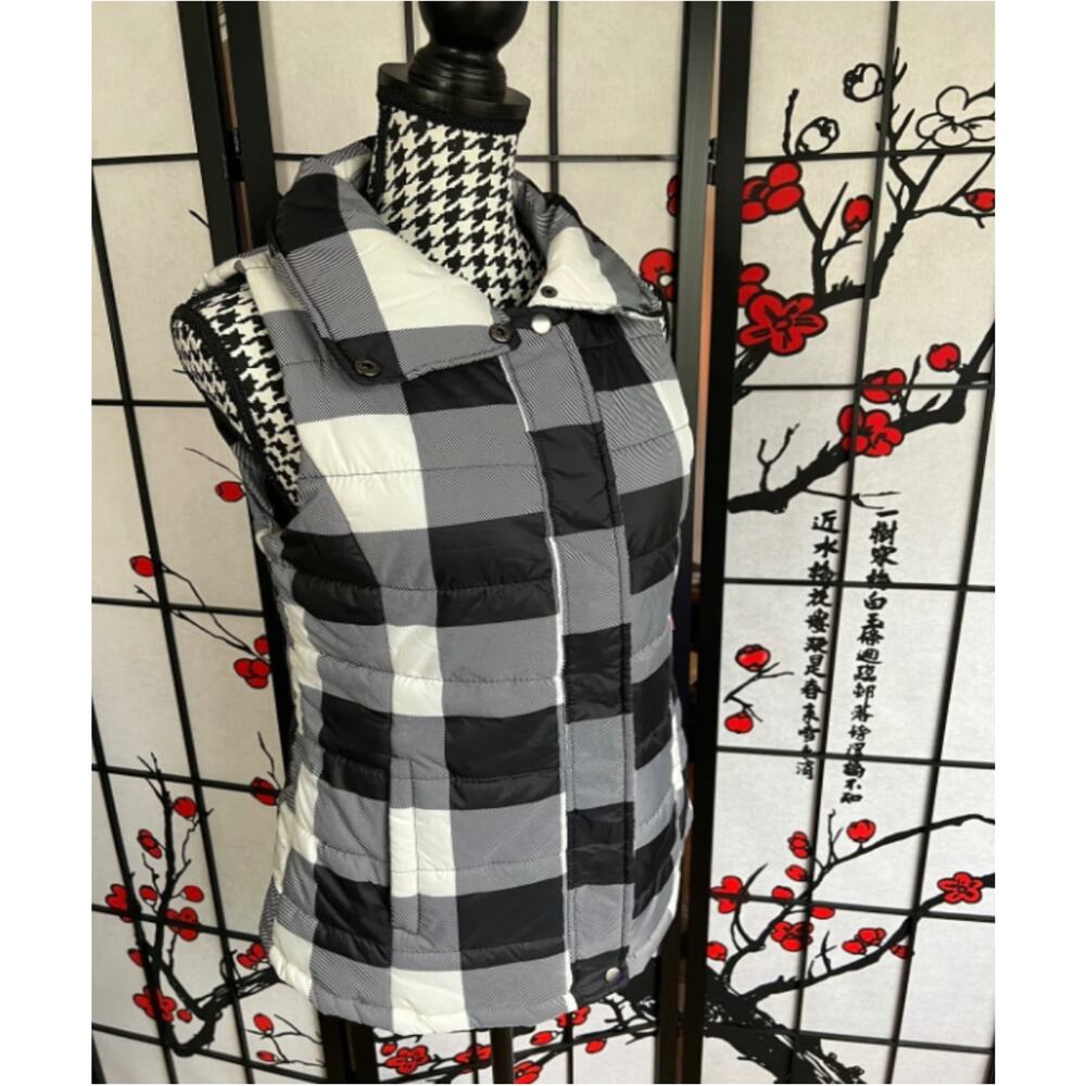 Womens Arizona Jean Co Puffer Vest Blk White Plaid Size Medium
